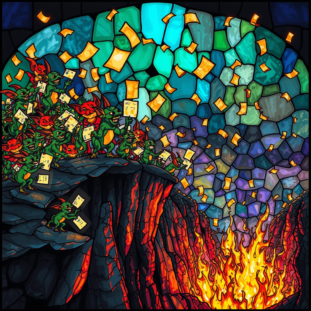 hundreds of gremlins throwing papers over a cliff into a giant pit of fire below.